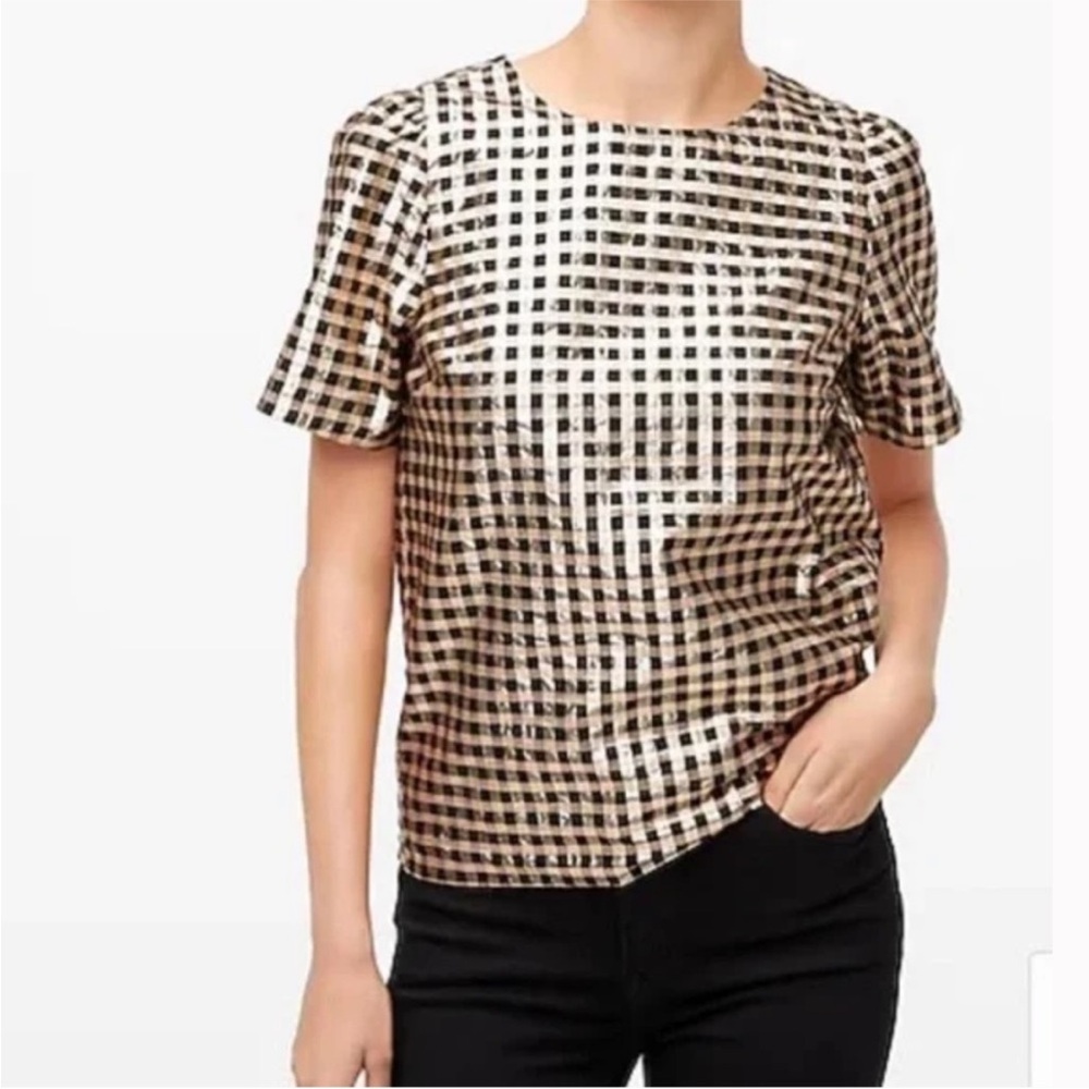NWT! J.Crew Lurex Metallic Threads Puff-Sleeve black & gold Gingham Top -Size S